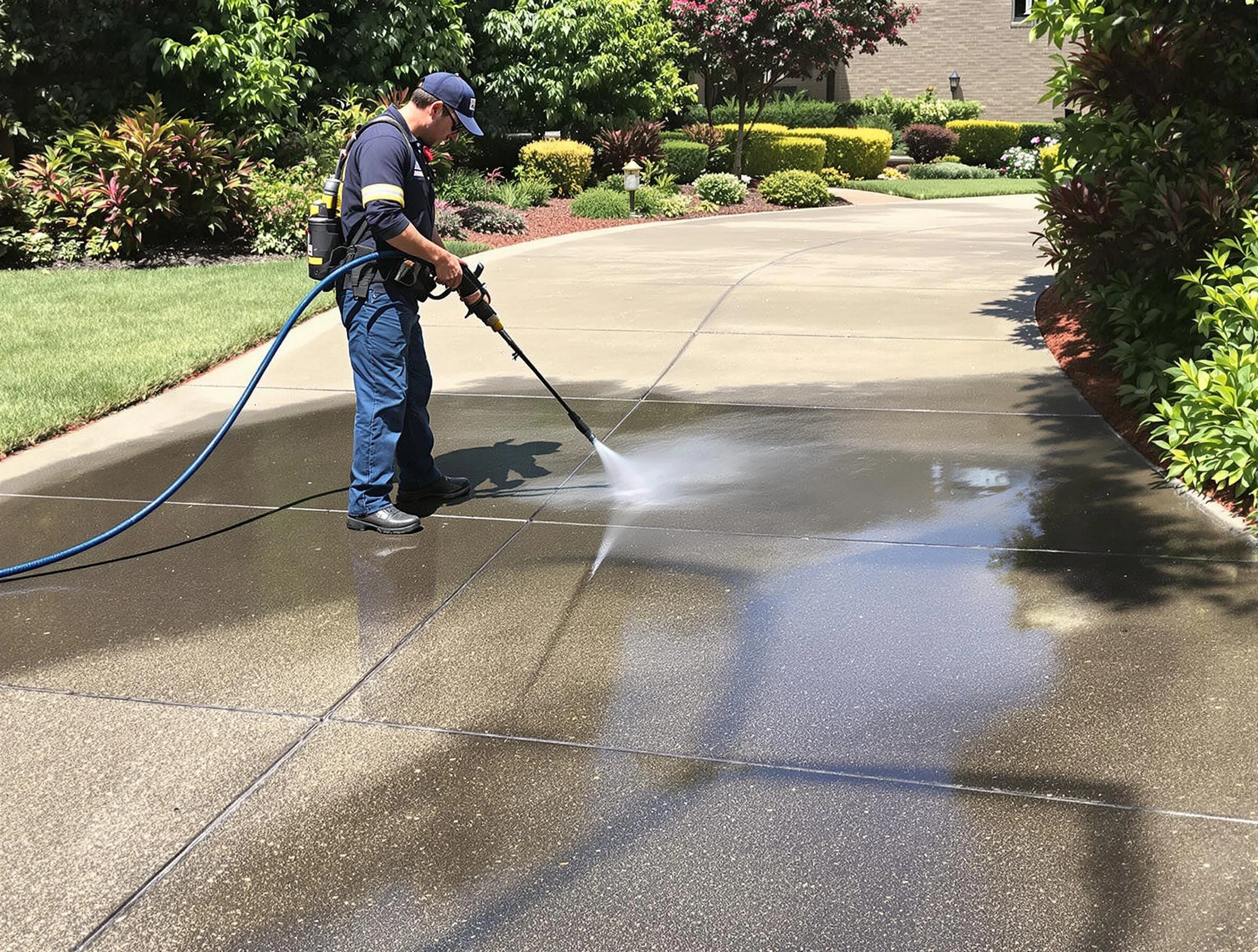 Experienced Lyndhurst Power Washing team member pressure washing a driveway in Lyndhurst